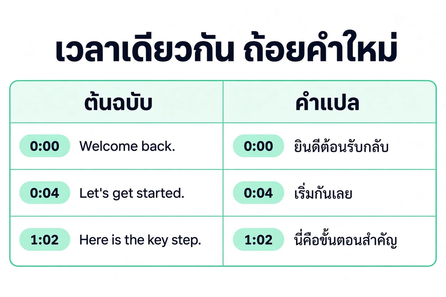 บรรทัดข้อความถอดความต้นฉบับและคำแปลวางเคียงกันพร้อมเวลากำกับเดียวกัน
