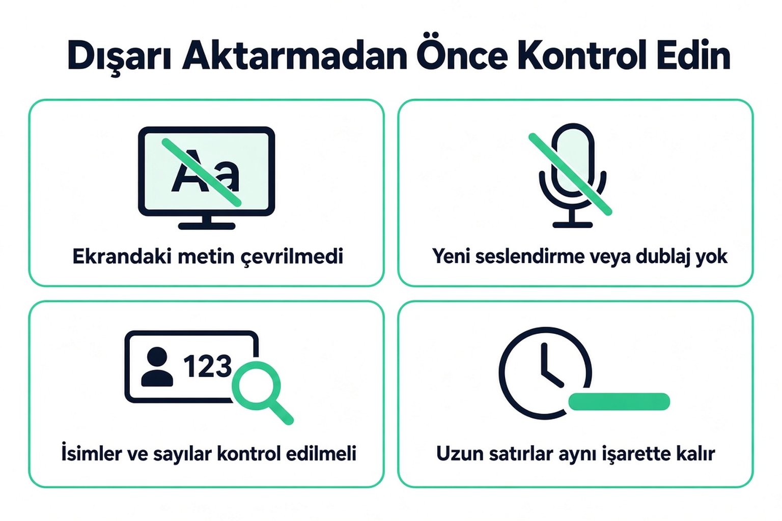 Çevrilmiş bir transkripti dışa aktarmadan önce kontroller: ekrandaki metin, yeni ses yok, isimler ve sayılar ve aynı altyazı bloğundaki uzun satırlar