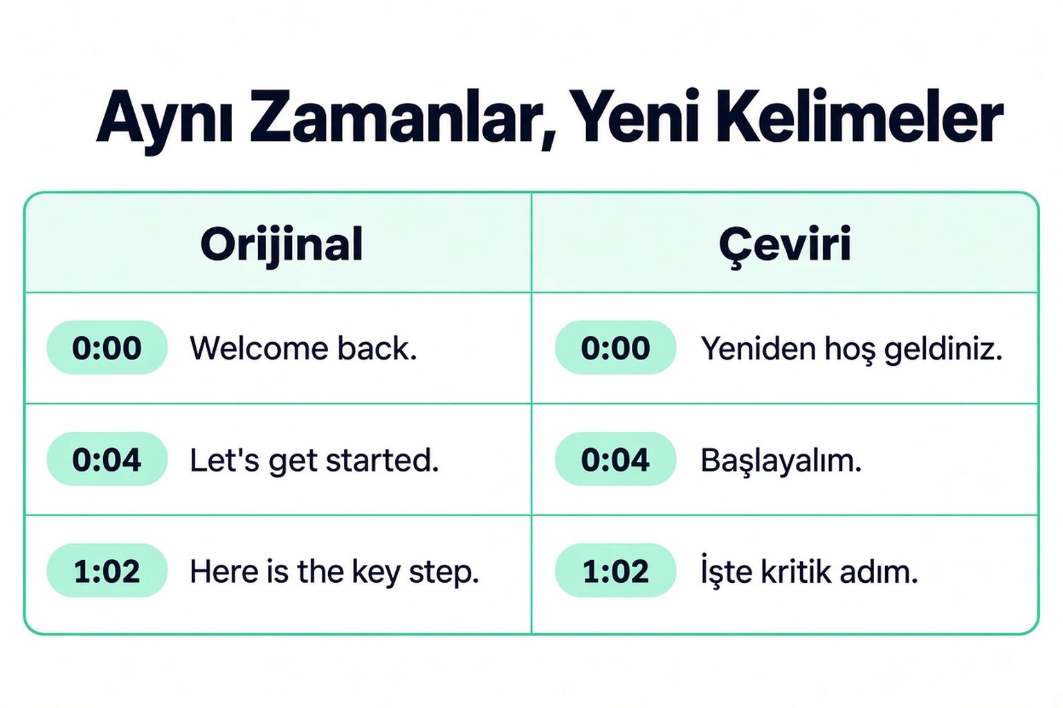 Aynı zaman damgalarıyla yan yana orijinal ve çevrilmiş transkript satırları