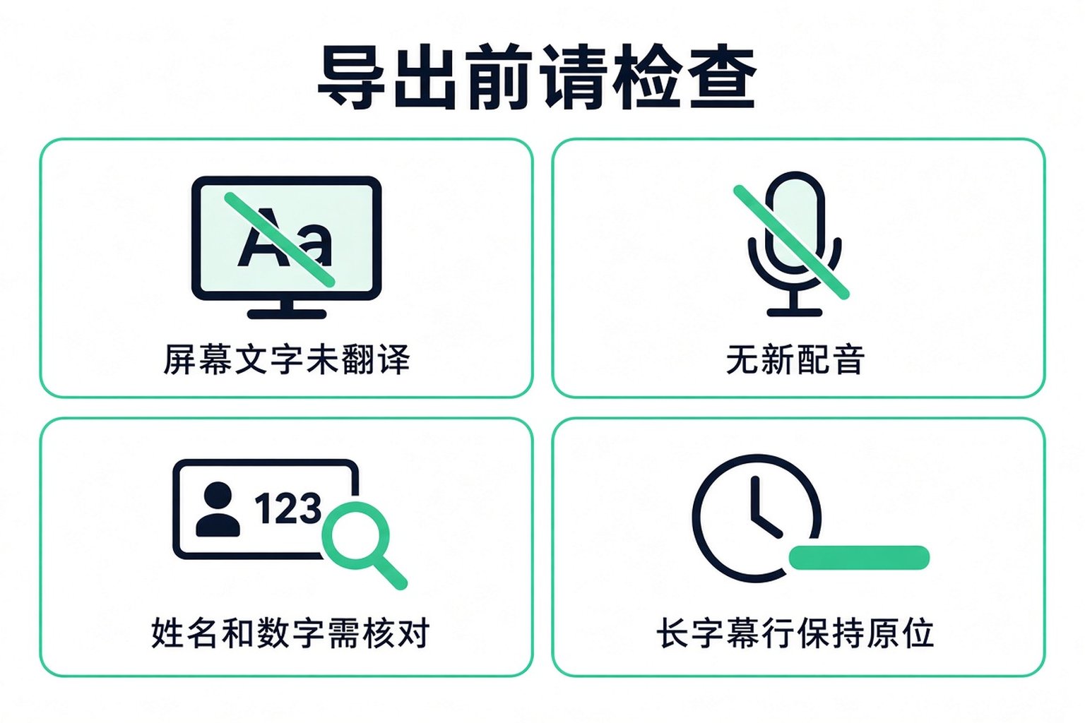 导出翻译后的转录前的检查:屏幕上的文字、不新增语音、名称和数字,以及同一字幕块中的长文本行