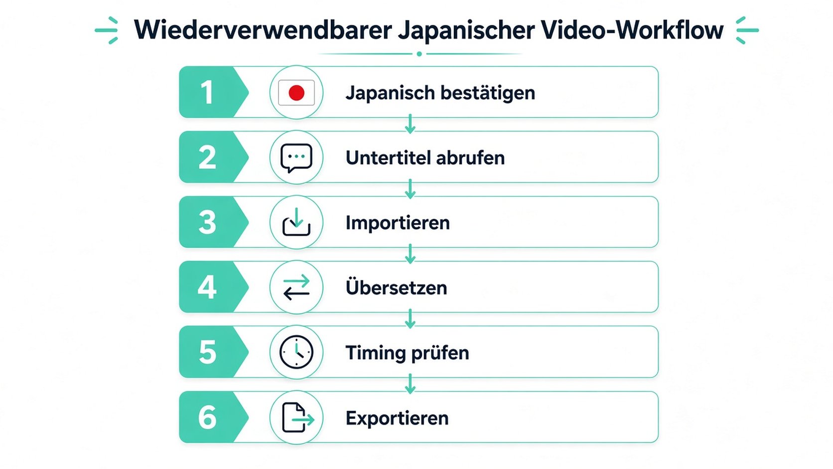 Eine sechsstufige Infografik in Form eines Flussdiagramms, die einen wiederverwendbaren Video-Workflow zur Übersetzung japanischer Inhalte darstellt.