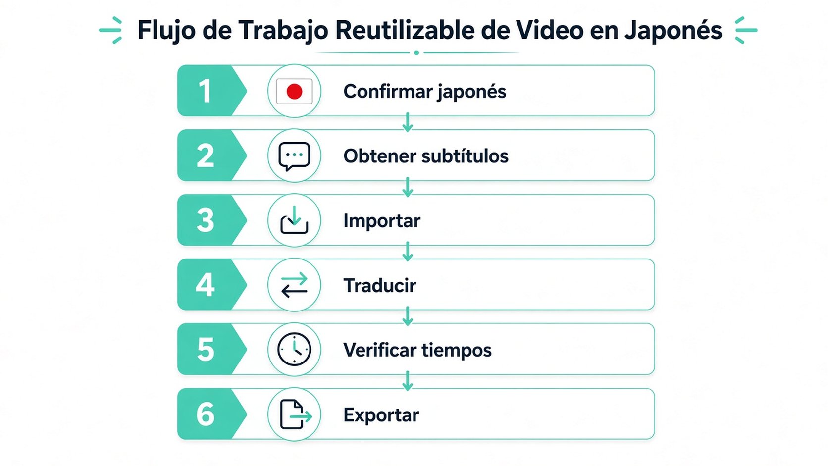 Infografía de seis pasos en forma de diagrama de flujo que ilustra un flujo de trabajo reutilizable para traducir contenido de video en japonés.