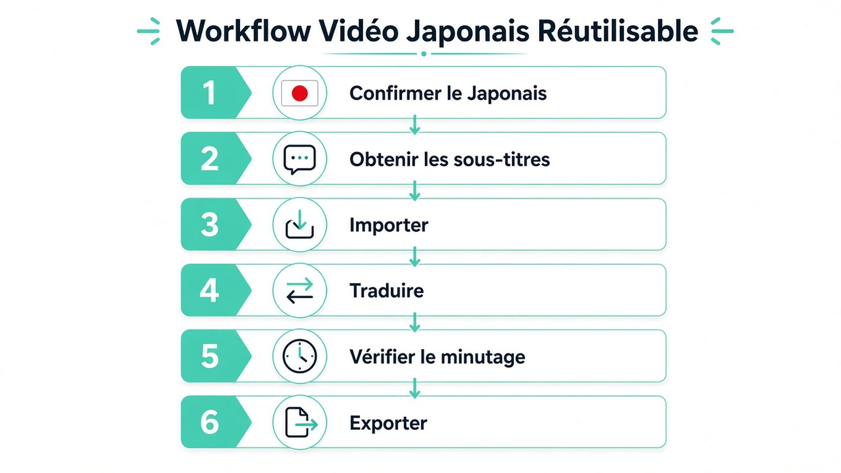 Infographie en six étapes illustrant un workflow vidéo réutilisable pour traduire du contenu japonais.