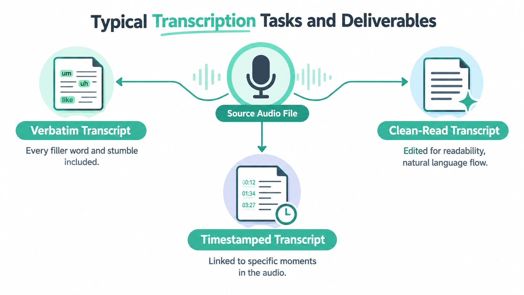 A diagram illustrating three types of transcription services: Verbatim, Clean-Read, and Timestamped transcripts from audio files.