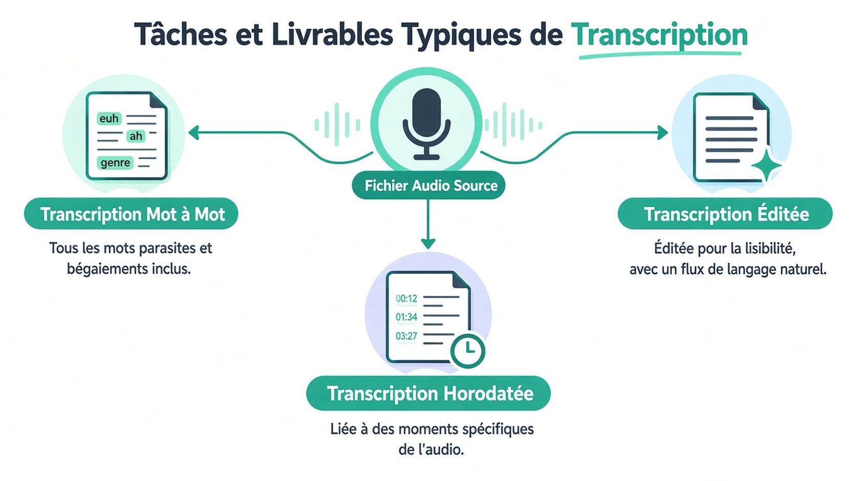 Un schéma illustrant trois types de services de transcription : verbatim, en lecture fluide et avec horodatage à partir de fichiers audio.