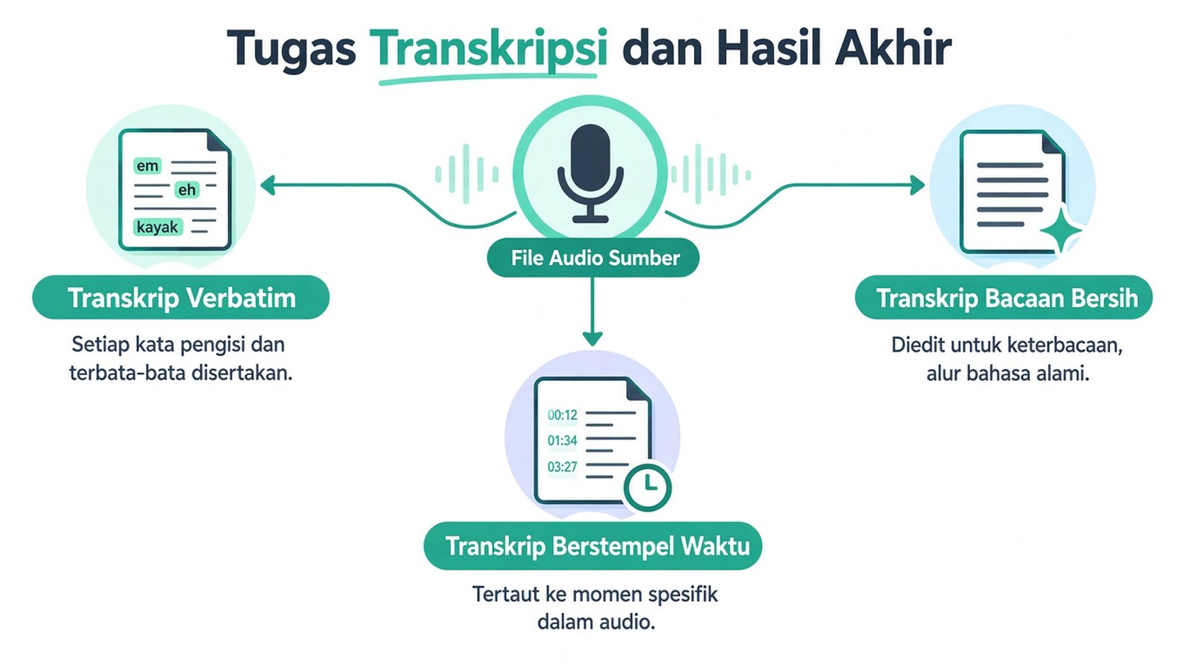 Diagram yang mengilustrasikan tiga jenis layanan transkripsi: transkrip Verbatim, Clean-Read, dan berstempel waktu dari file audio.