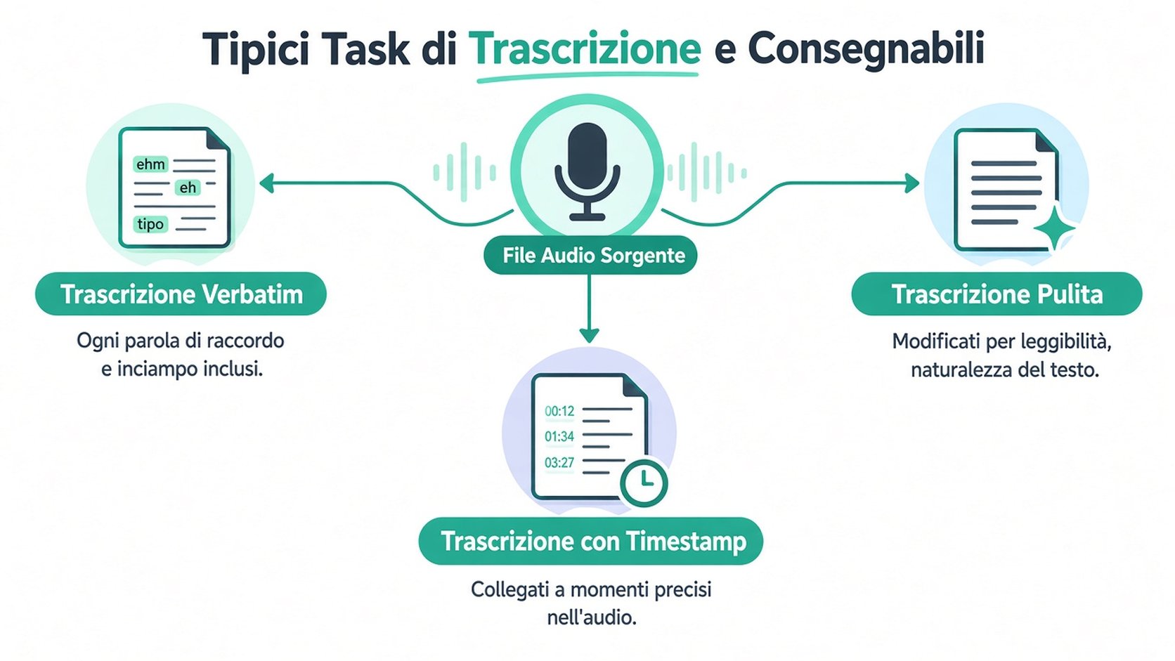 Un diagramma che illustra tre tipi di servizi di trascrizione: trascrizioni Verbatim, di lettura fluida e con timestamp da file audio.