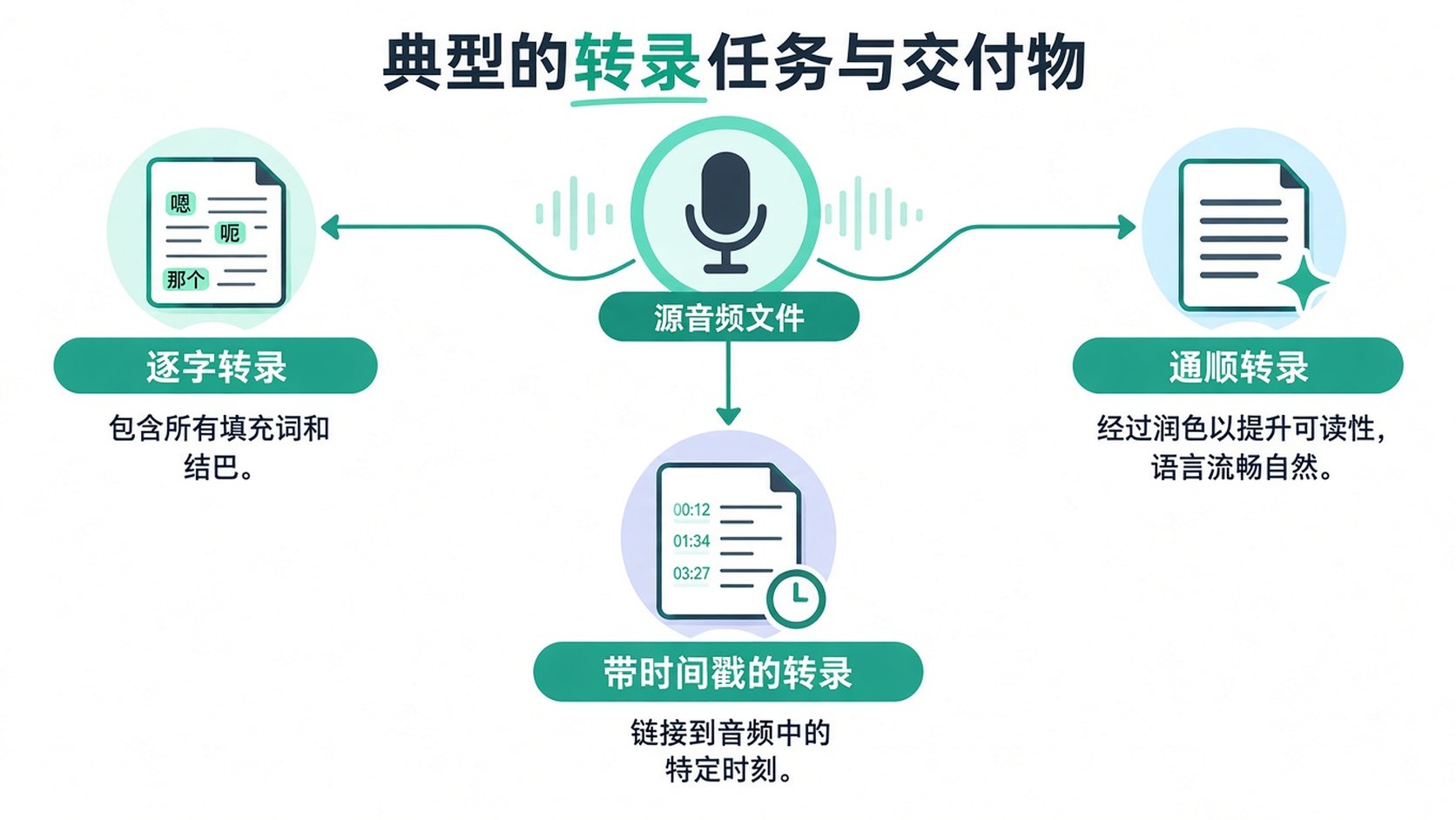展示三种转录服务的示意图:来自音频文件的逐字稿、清洁稿和带时间戳的转录稿。