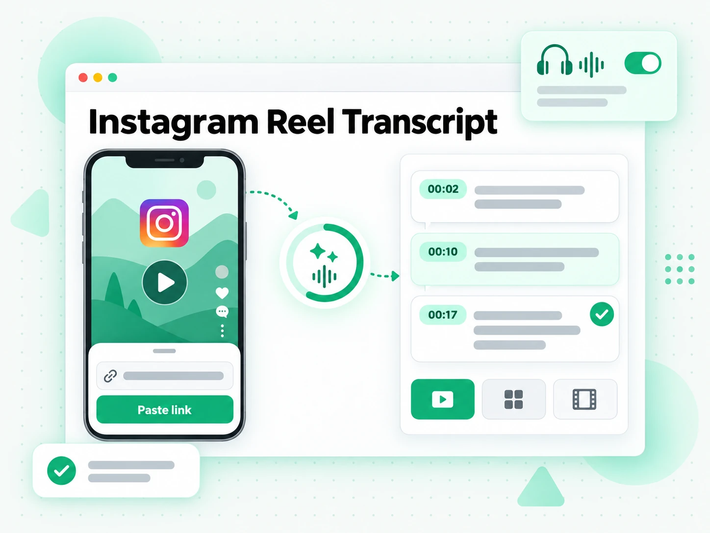 Instagram Reel Transcript: AI transcribing an Instagram Reel's audio into a timestamped transcript