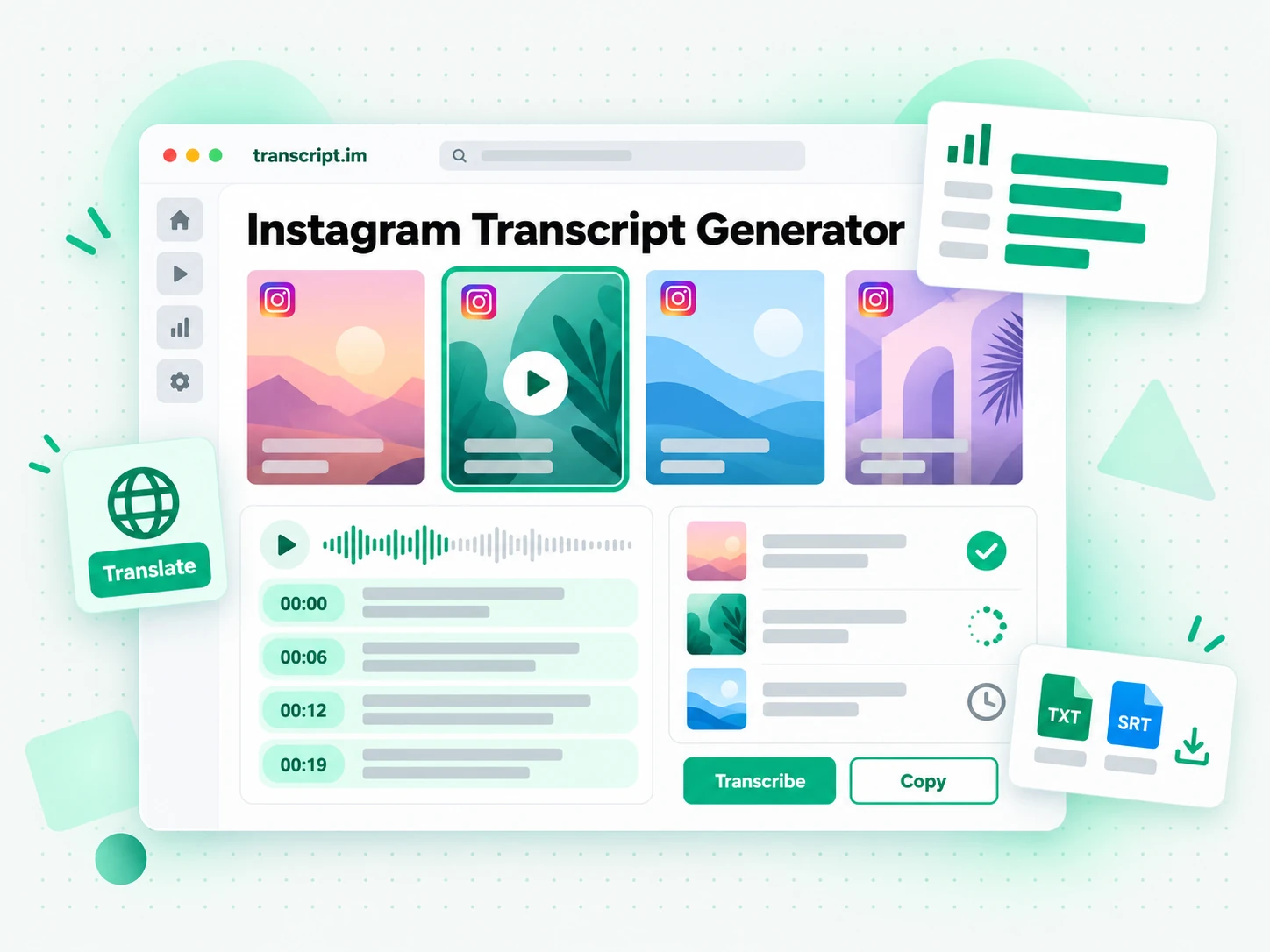 Instagram transcript generator turning a Reel into a timestamped transcript