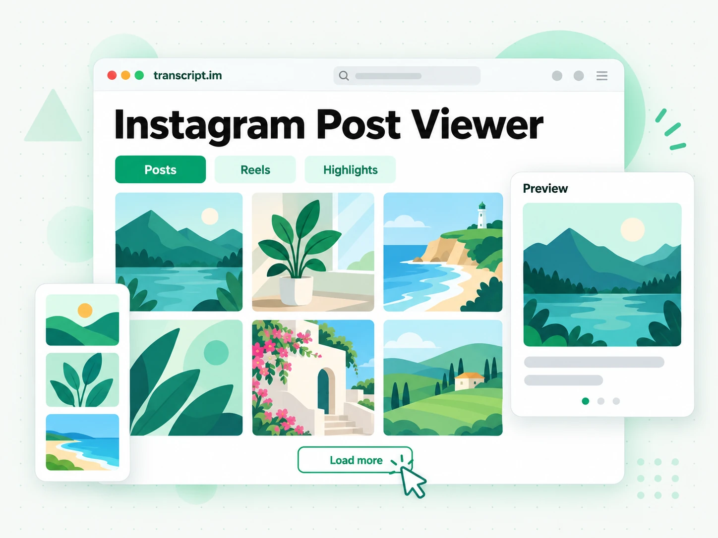 Instagram Post Viewer with a posts grid, a Reels tab, and an image preview with its caption