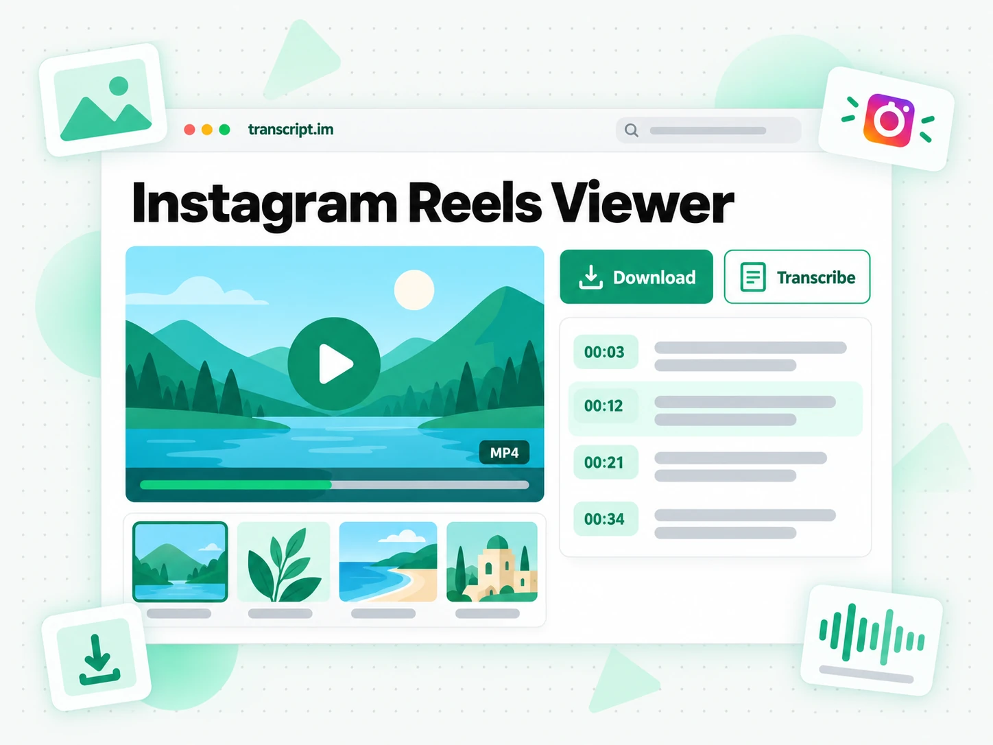 Instagram Reels Viewer playing a Reel with Download and Transcribe buttons and a timestamped transcript