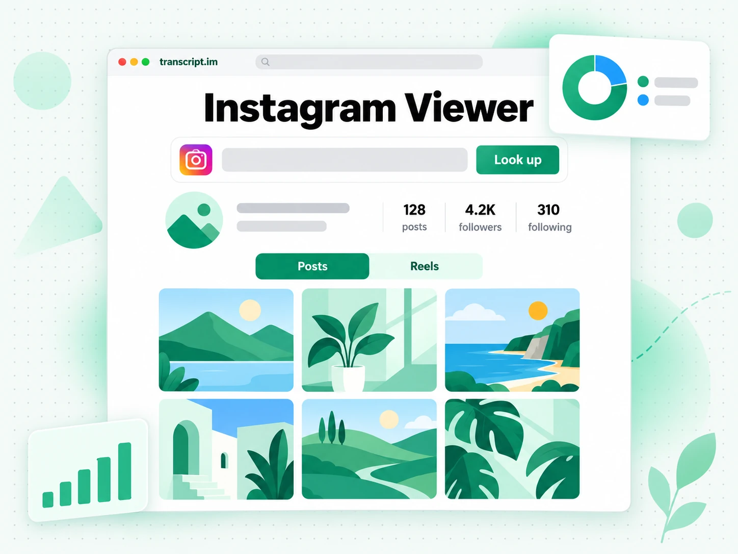 Instagram Viewer showing a public profile header with bio, post counts, and a posts grid