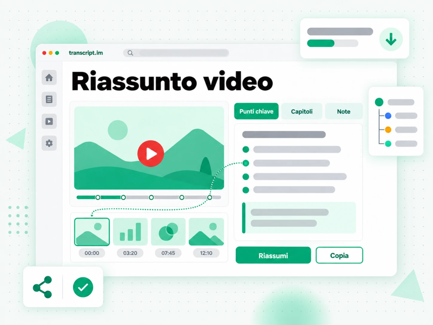 Riassunto video: punti chiave, schema e mappa mentale distillati da un video