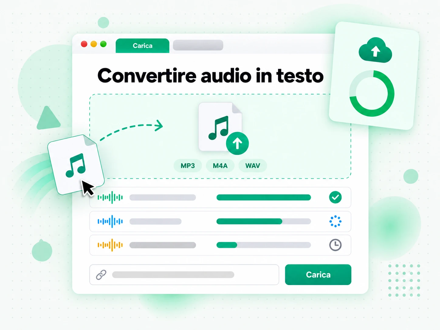 Convertire audio in testo: file audio caricato nel convertitore che genera testo cercabile