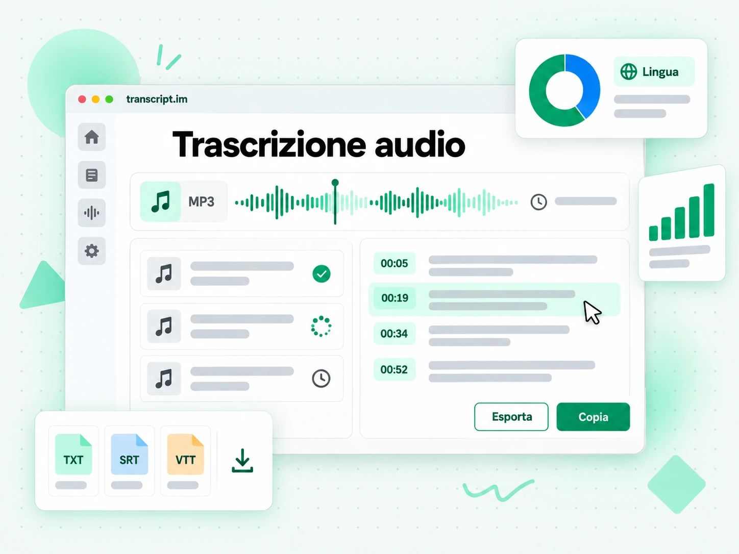 Trascrizione audio: file audio caricato nel convertitore che genera testo cercabile