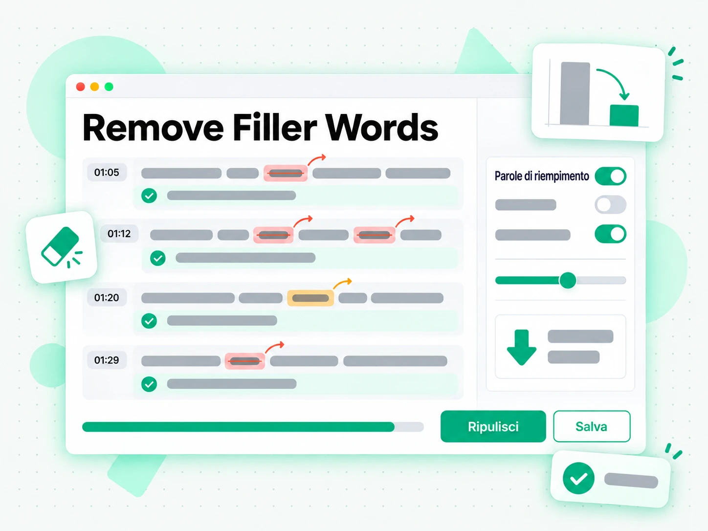 Remove Filler Words: parole di riempimento rimosse con l'ia da una trascrizione