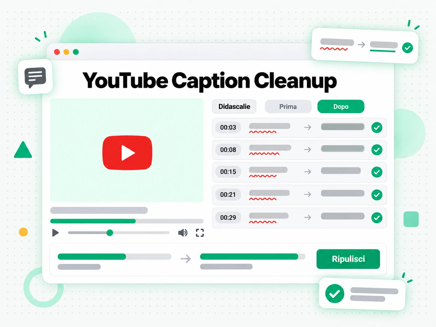 YouTube Caption Cleanup: sottotitoli automatici di youtube corretti con la pulizia della trascrizione