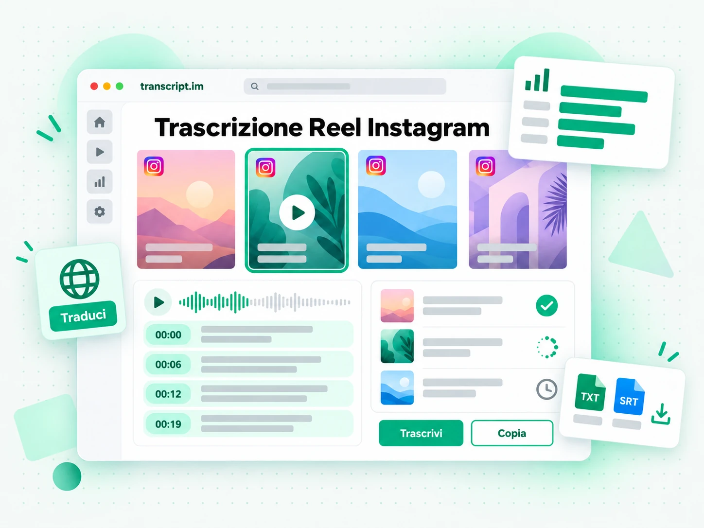 Trascrizione Reel Instagram: audio di un reel instagram trasformato in trascrizione con timestamp