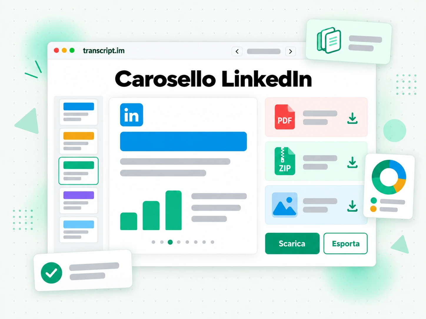 Carosello LinkedIn: pagine di un post carosello linkedin in anteprima con opzioni pdf e zip