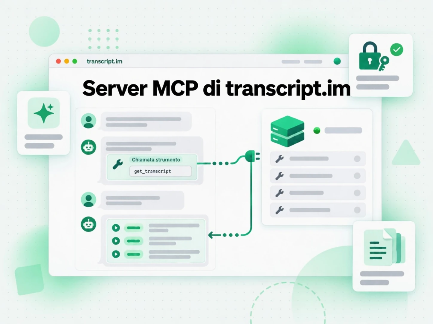 Server MCP di transcript.im: un client IA chiama lo strumento di trascrizione su un server MCP remoto