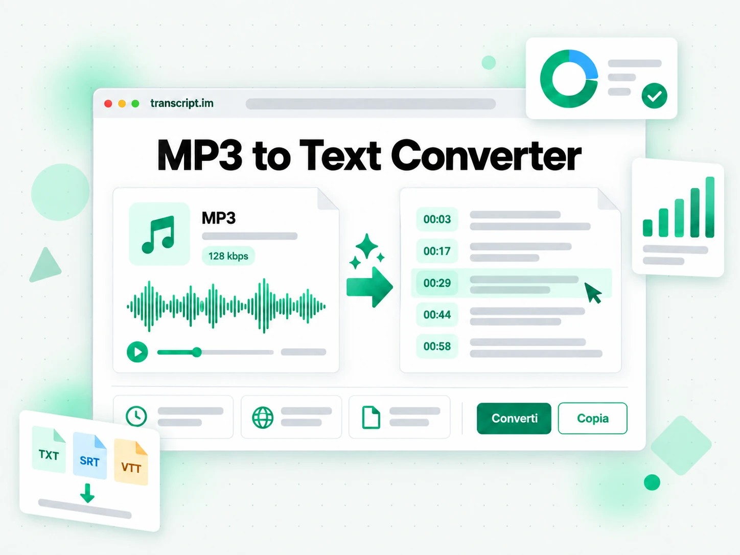 MP3 to Text Converter: file mp3 caricato nel convertitore che genera una trascrizione