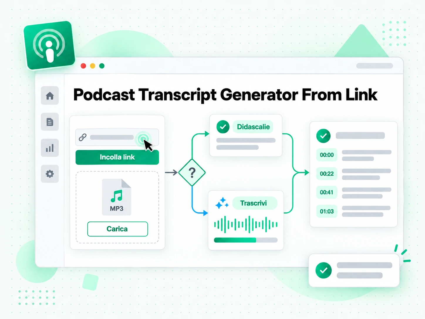 Podcast Transcript Generator From Link: link di un episodio podcast incollato per generare la trascrizione