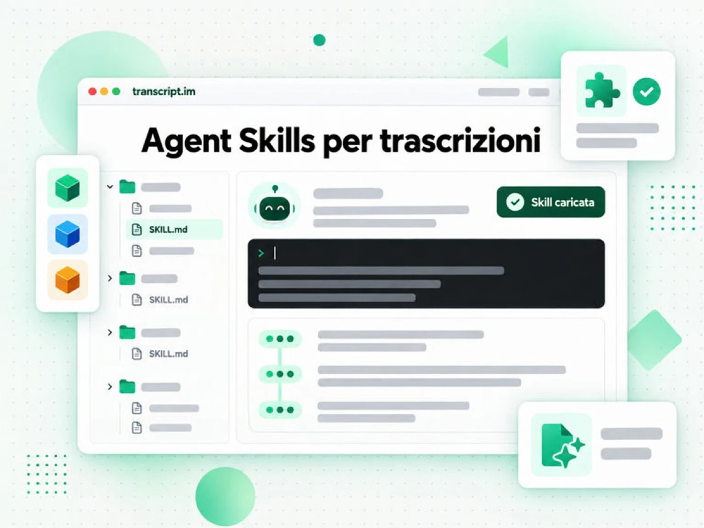 Agent Skills per trascrizioni: pacchetti SKILL.md che un agente IA carica per ottenere trascrizioni