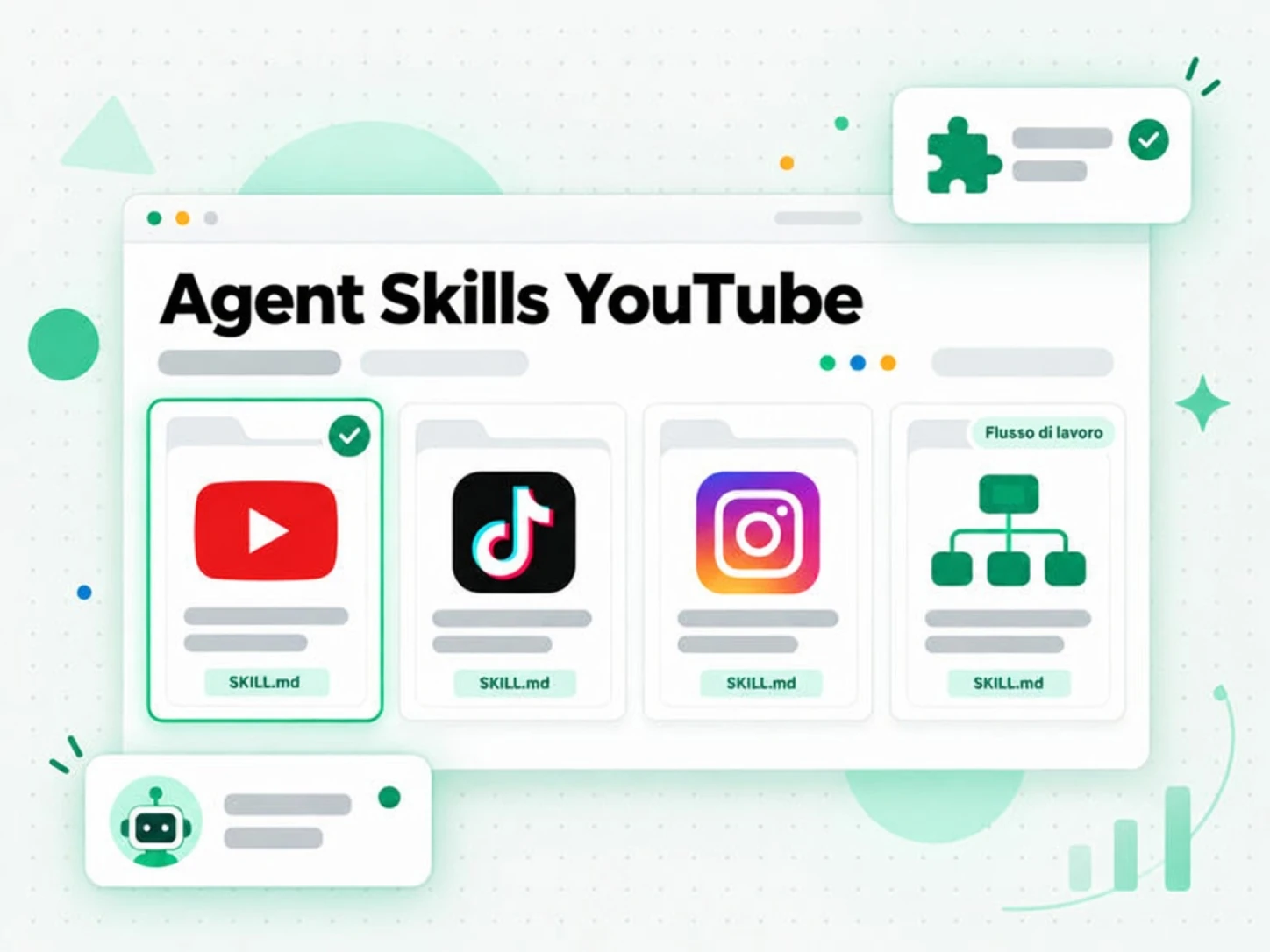 Agent Skills YouTube: pacchetti di skill per YouTube, TikTok, Instagram e flussi di lavoro