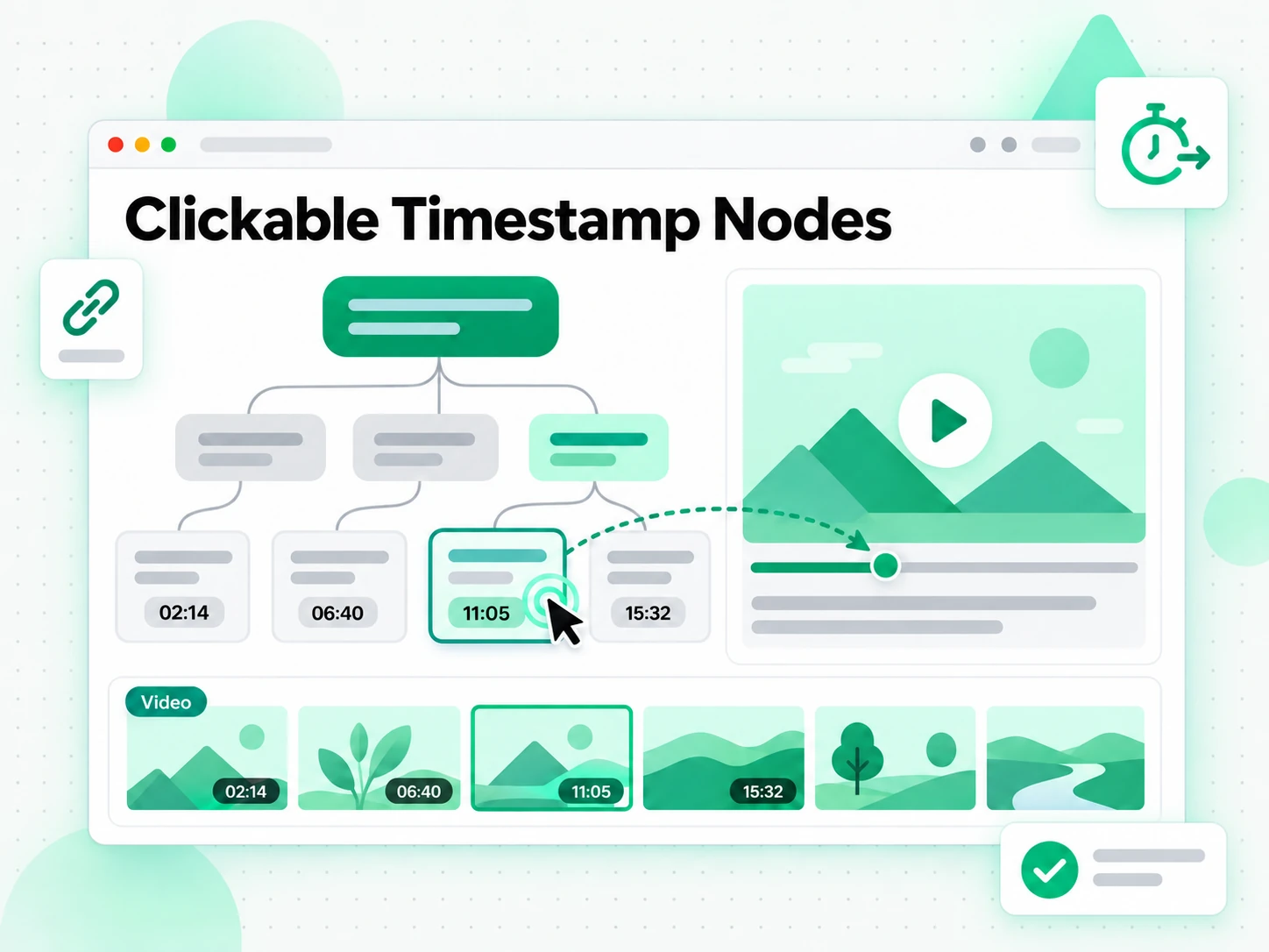 Clickable Timestamp Nodes: mappa ramificata con nodi timestamp cliccabili generata da un video