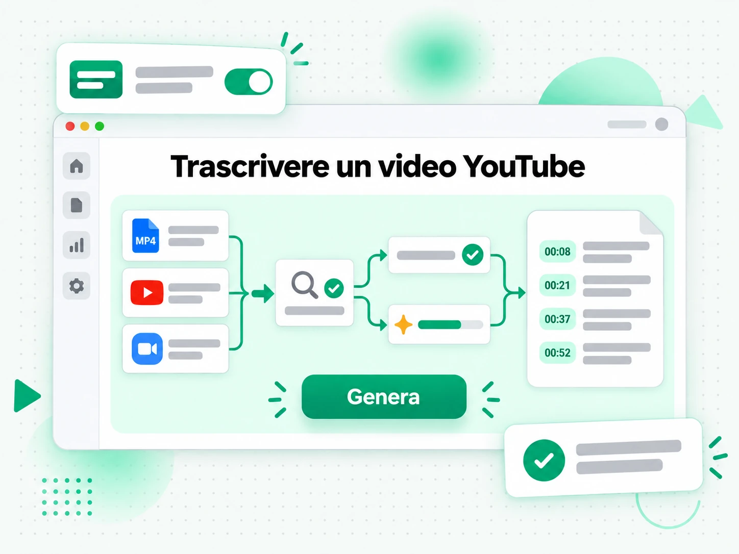 Trascrivere un video YouTube: file video caricato o link incollato per generare la trascrizione
