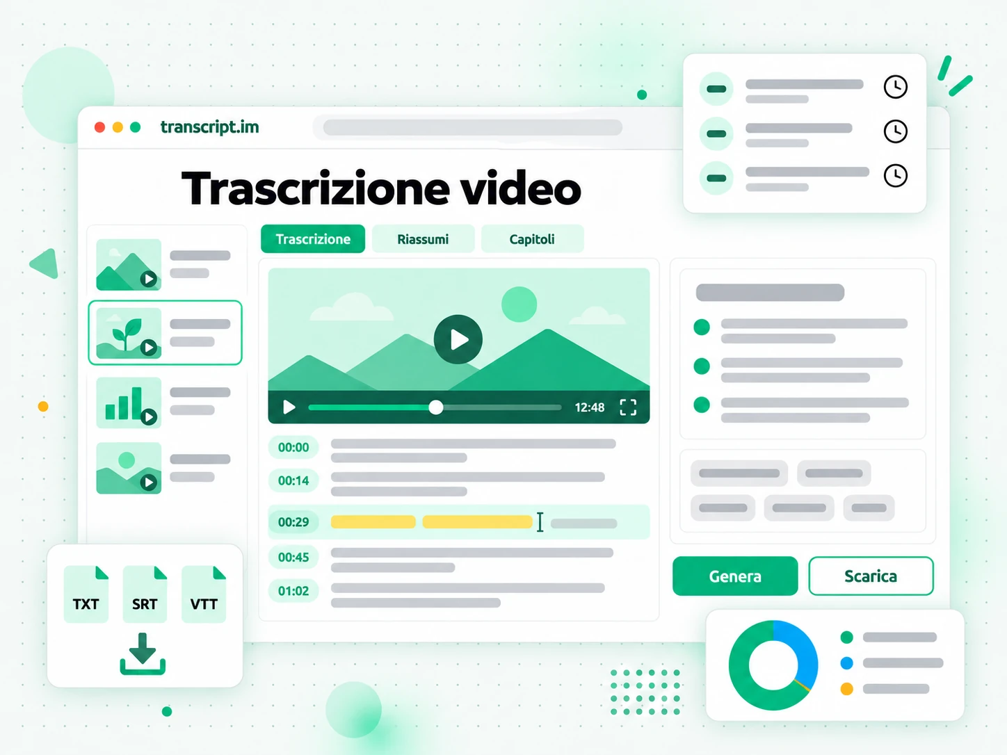 Trascrizione video: file video caricato per generare una trascrizione con timestamp
