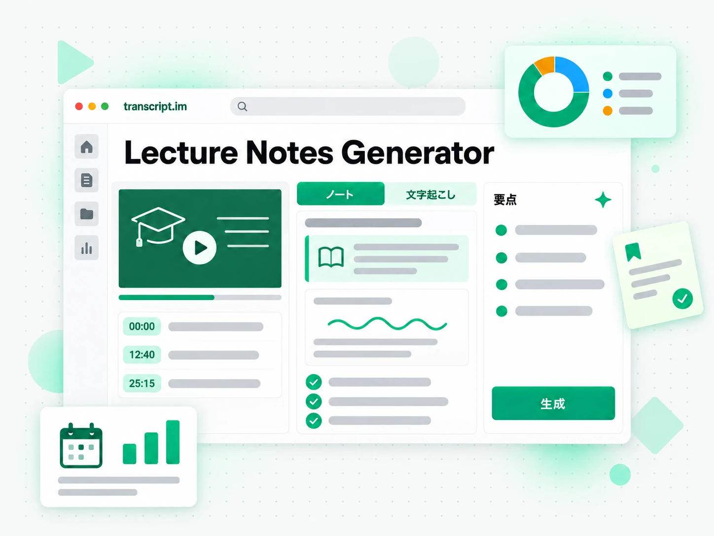 Lecture Notes Generator が講義動画を構造化された学習ノートに変換する画面