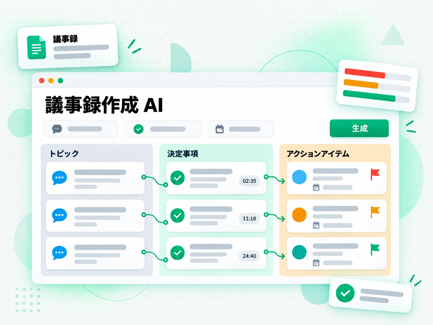 議事録作成 AI:録音から行動項目と決定事項を抽出する議事録生成画面