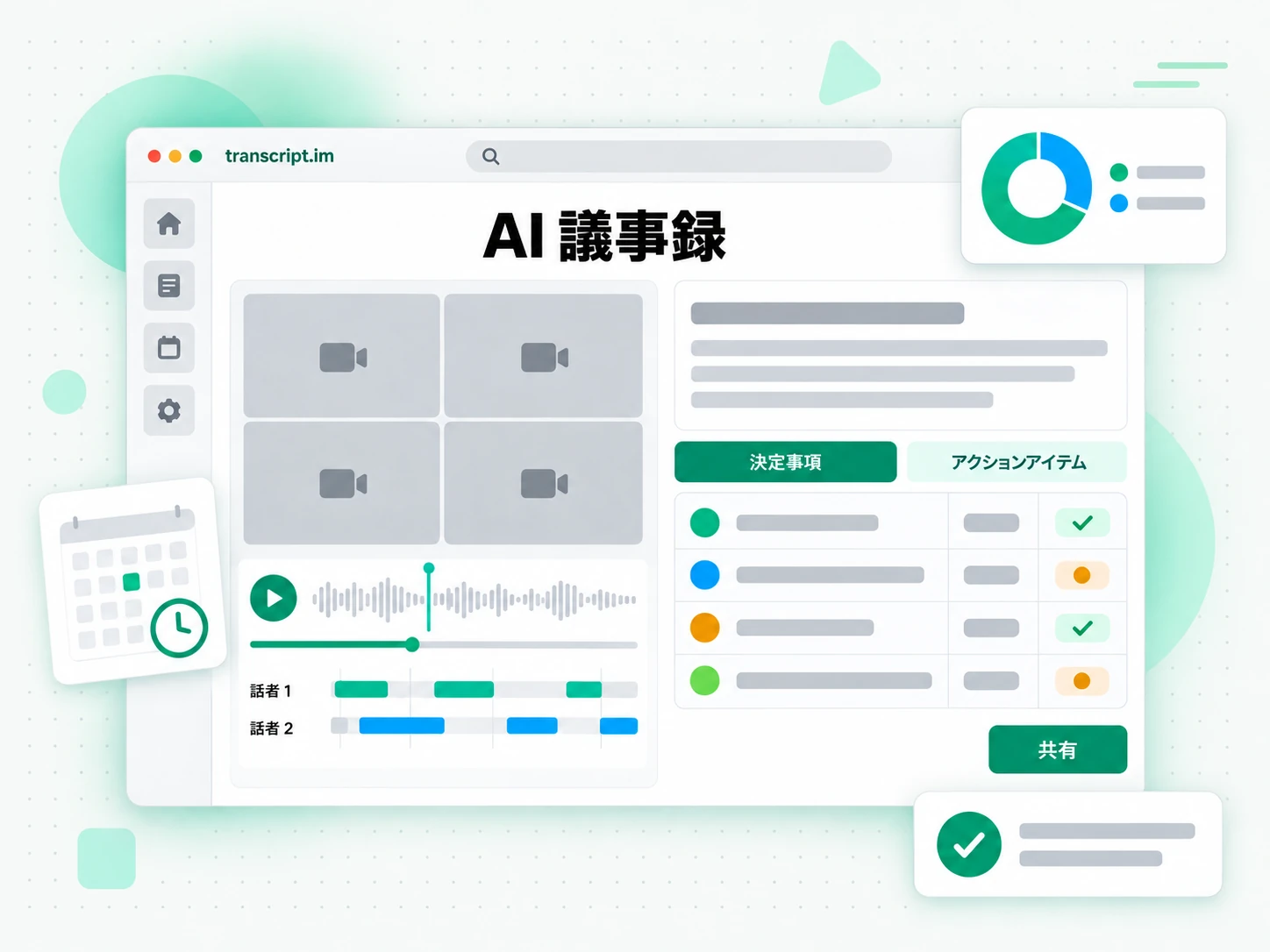 AI 議事録が会議の録音を構造化されたメモと行動項目に変換する画面