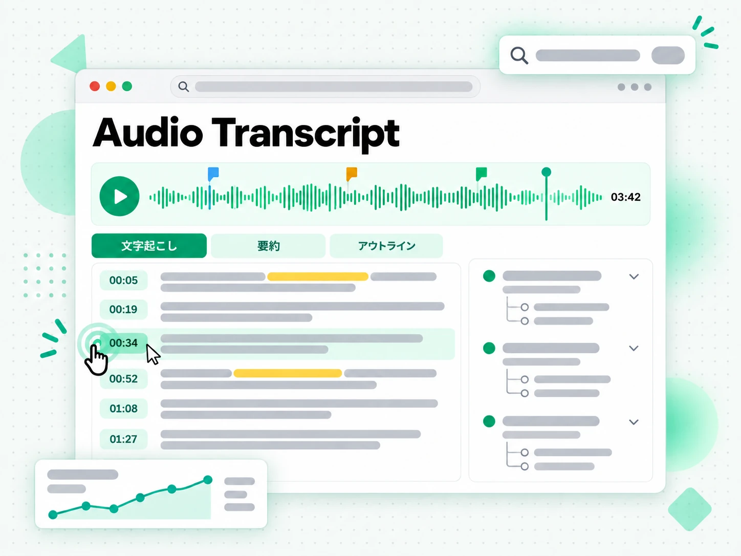 Audio Transcript：音声の文字起こしから要約とアウトライン、マインドマップを生成した画面