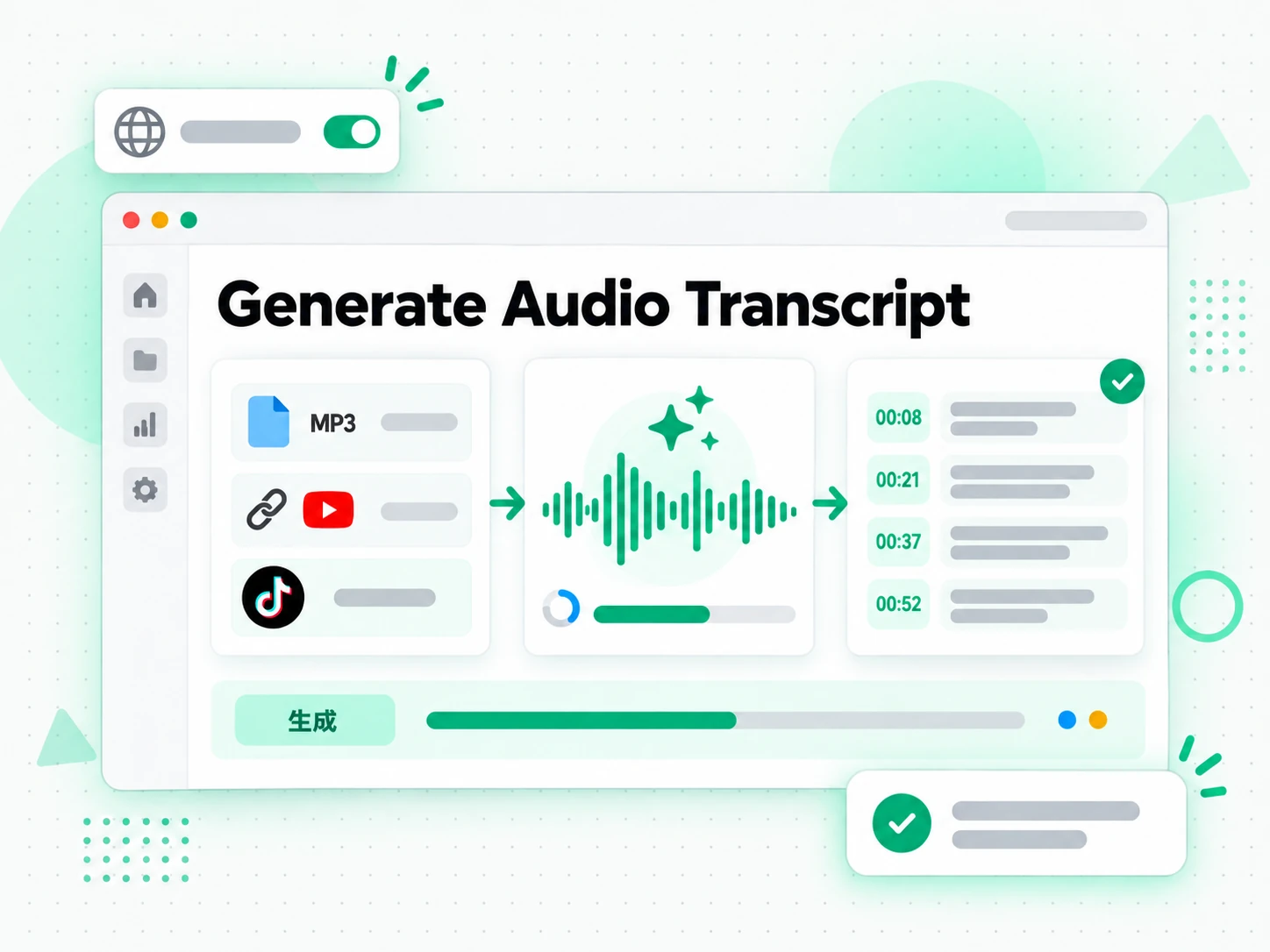 Generate Audio Transcript：音声ファイルをアップロードするかリンクを貼り付けて生成を始める画面