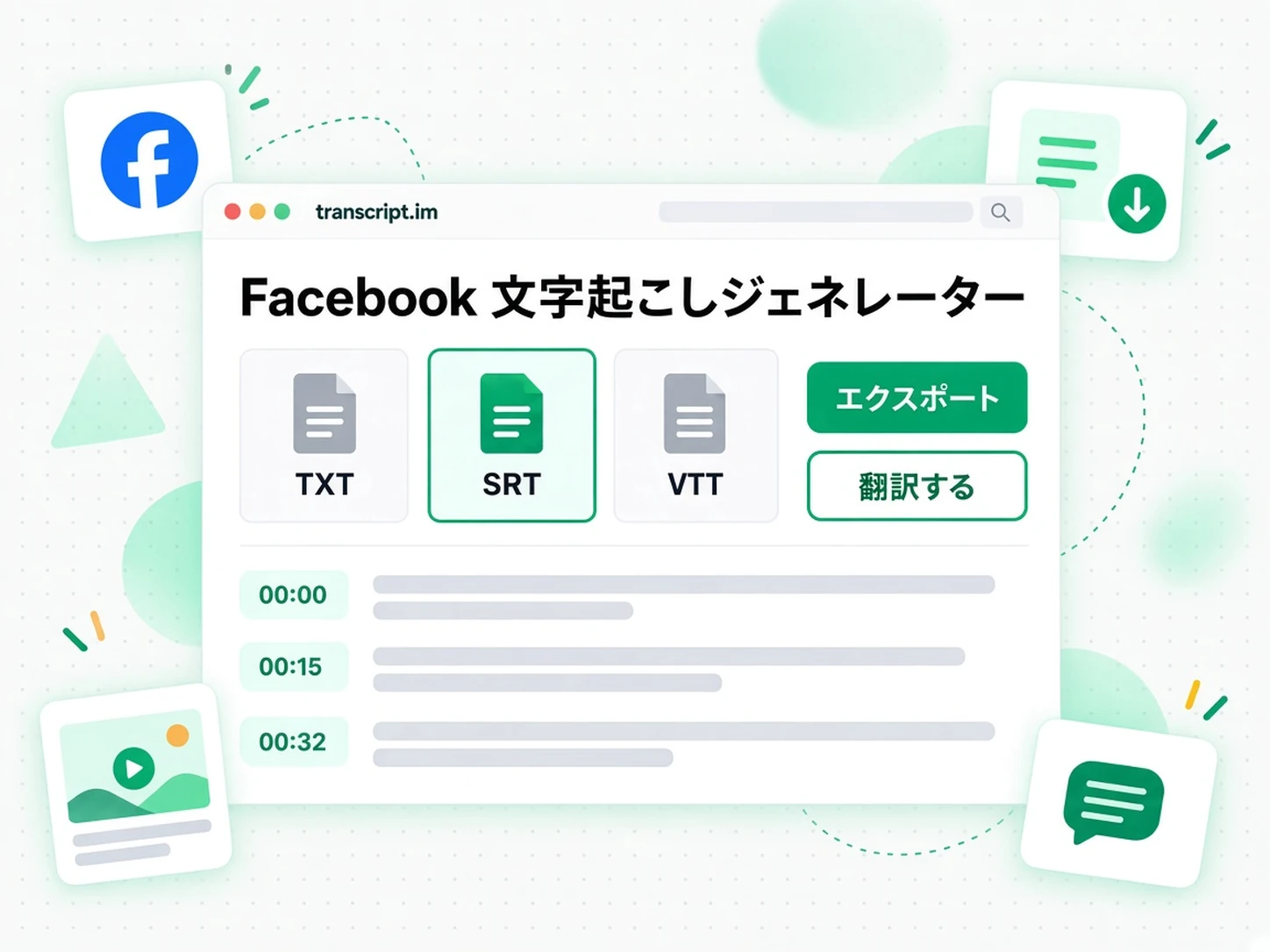 Facebook 文字起こしジェネレーター:書き出し、翻訳、再利用