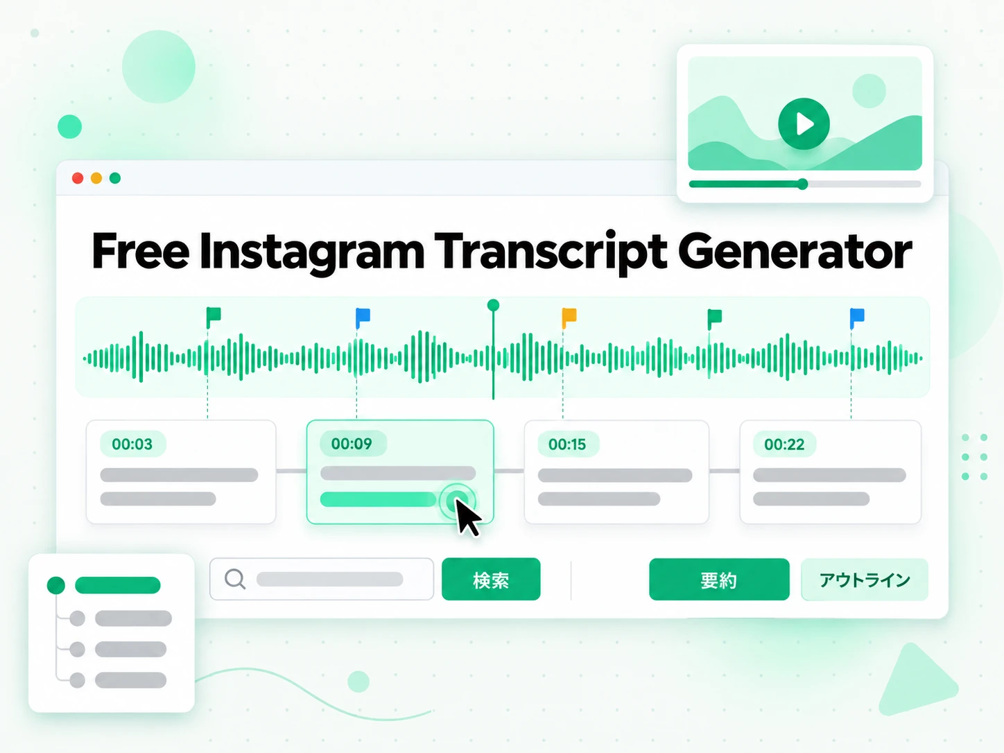 Free Instagram Transcript Generator：リールの文字起こしから要約とアウトライン、マインドマップを生成した画面