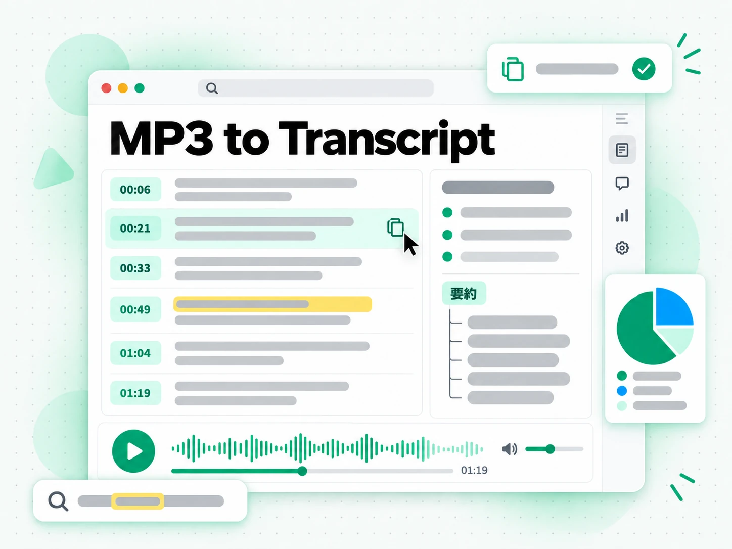 MP3 to Transcript：MP3 の文字起こしから要約とアウトライン、マインドマップを生成した画面