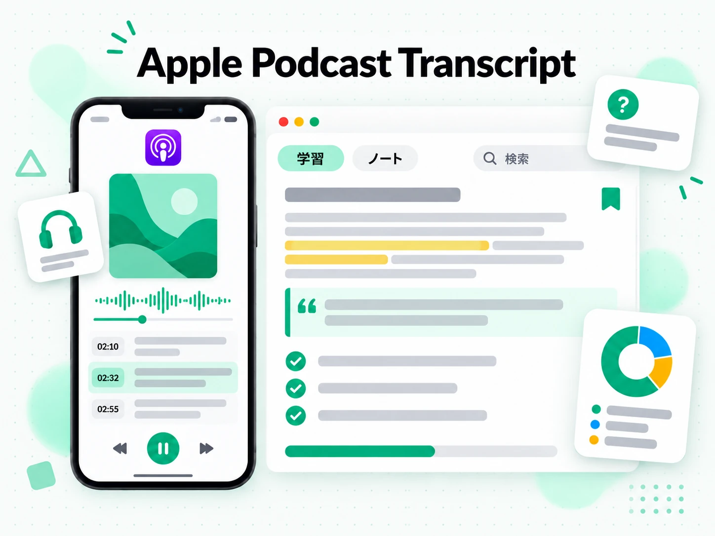 Apple Podcast Transcript：ポッドキャストの文字起こしを学習ノートにする場面