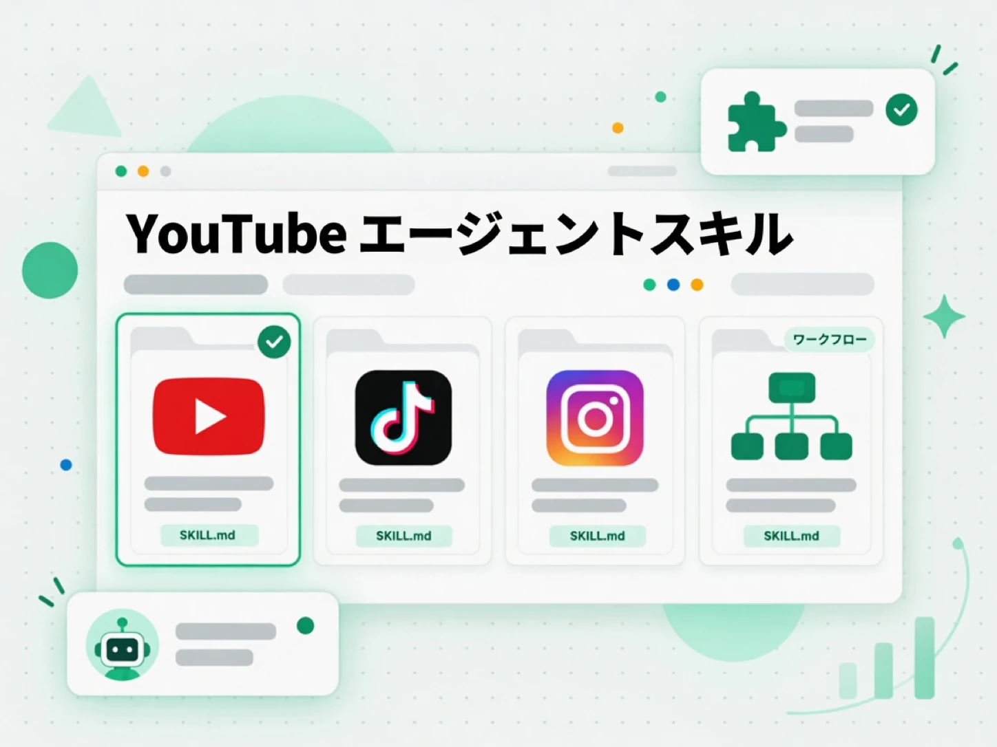 YouTube エージェントスキル：YouTube、TikTok、Instagram とワークフローのスキルパック