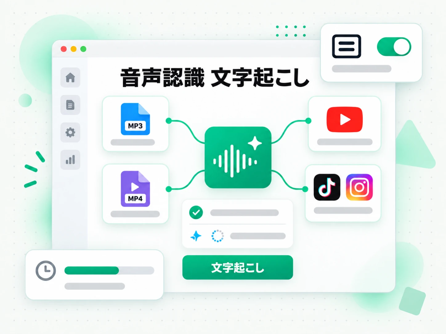 音声認識 文字起こし：ファイルをアップロードするかリンクを貼り付けて変換を始める画面