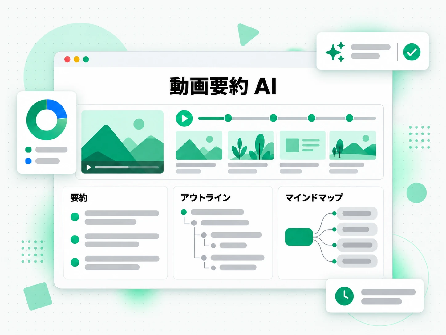 動画要約 AI：動画の文字起こしから要約・アウトライン・マインドマップを作る画面