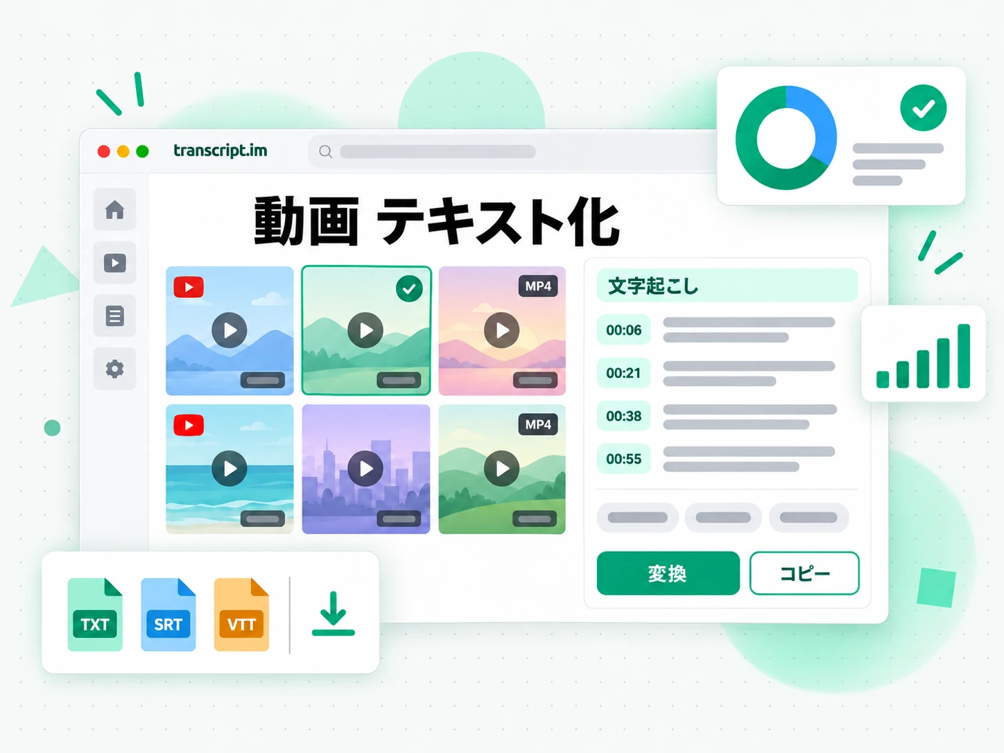 動画 テキスト化が MP4 アップロードをタイムスタンプ付き文字起こしに変える画面