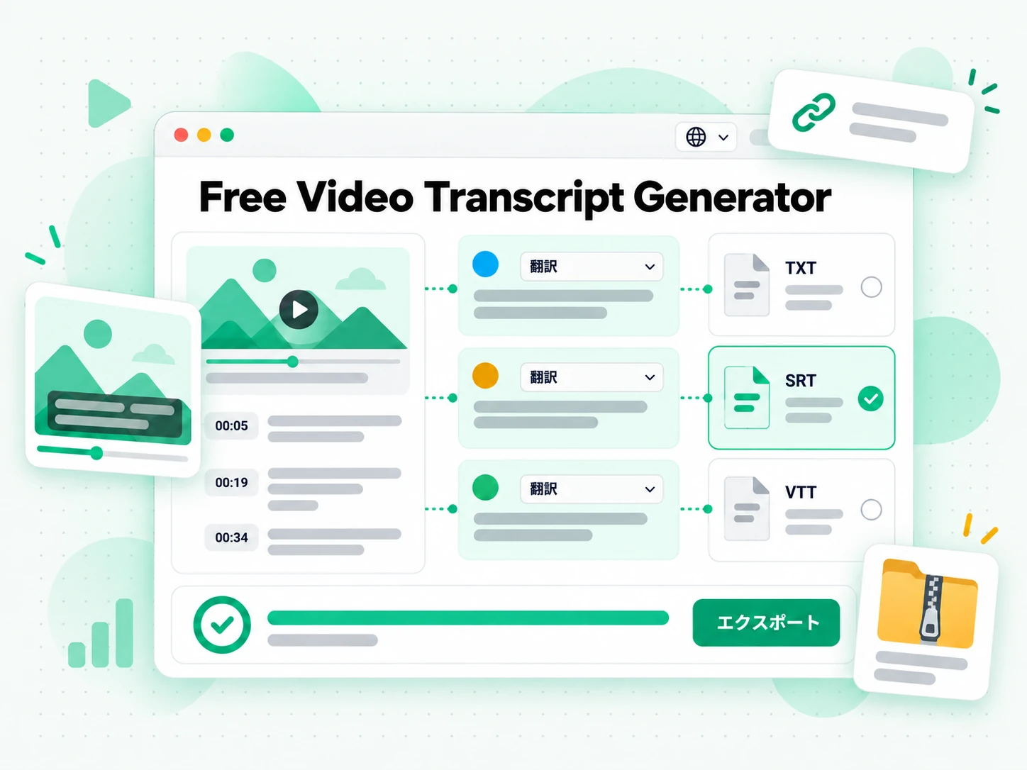 Free Video Transcript Generator：動画の文字起こしを翻訳して書き出す画面