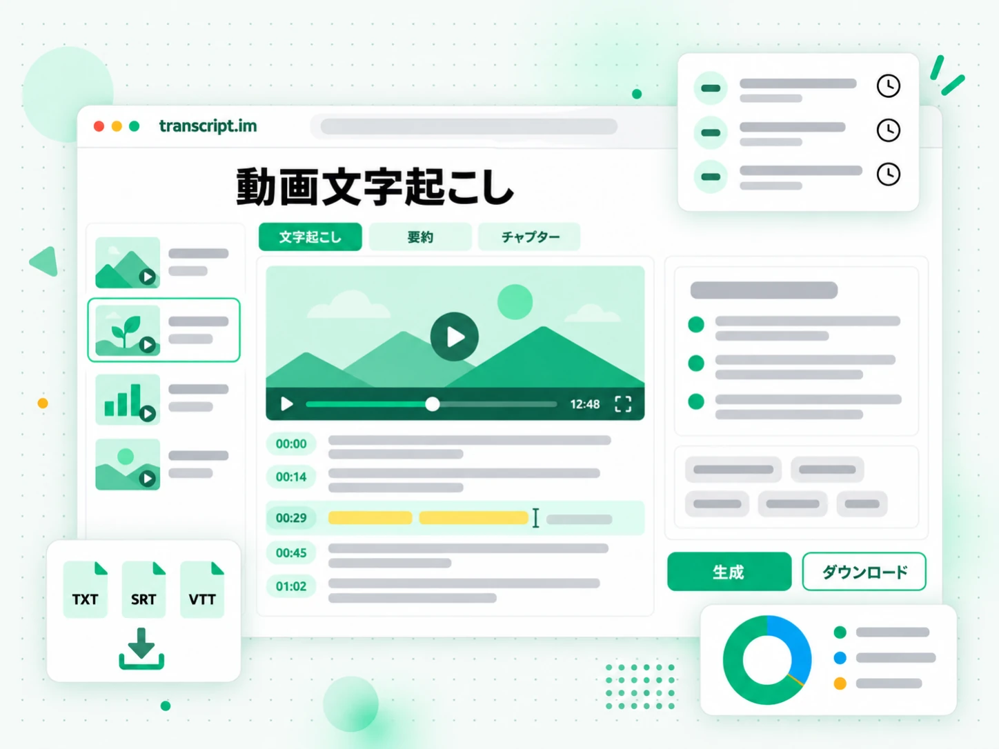 動画文字起こしがアップロードした動画やリンクをタイムスタンプ付き文字起こしに変える画面