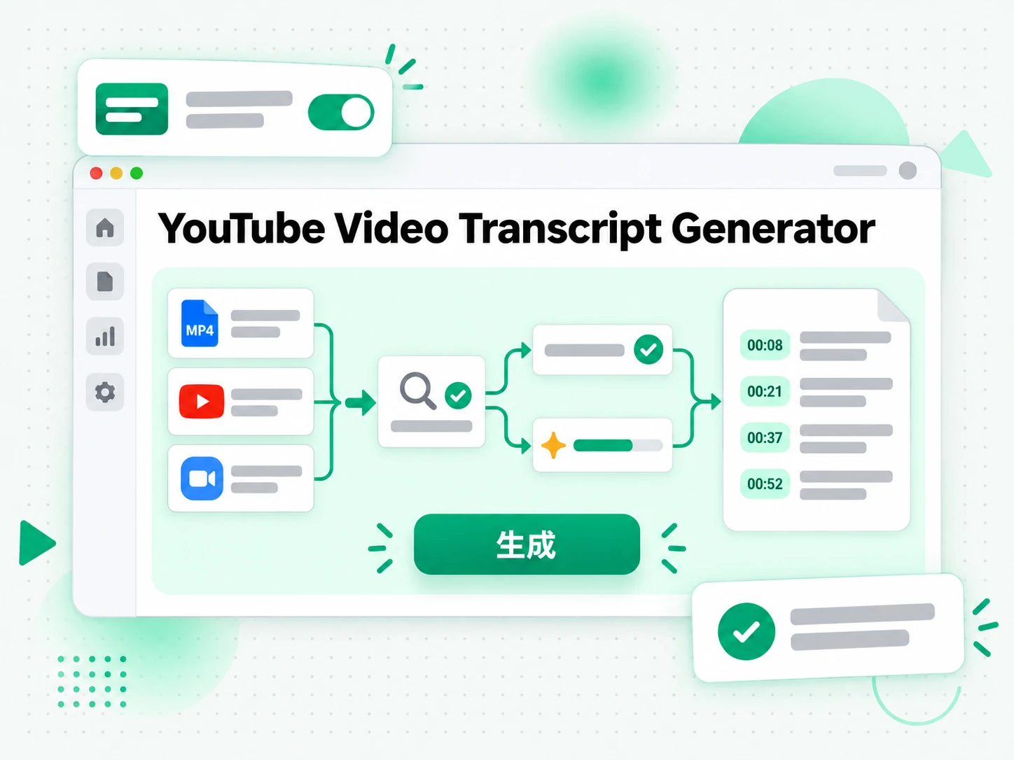 YouTube Video Transcript Generator：動画ファイルをアップロードするかリンクを貼り付ける画面