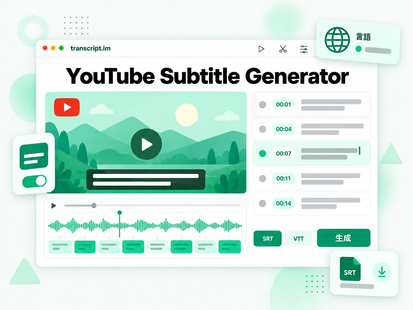YouTube Subtitle Generator が動画からタイミング付き SRT ・ VTT 字幕を作る画面