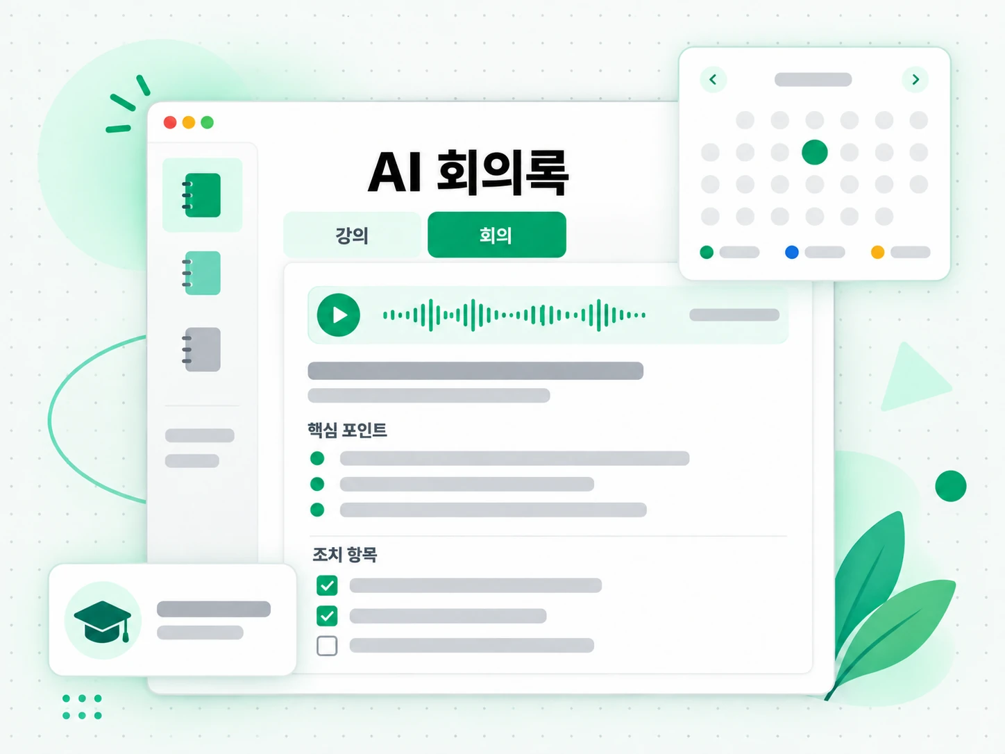 AI 회의록: 전사본을 학습 노트와 회의록으로 정리하는 장면